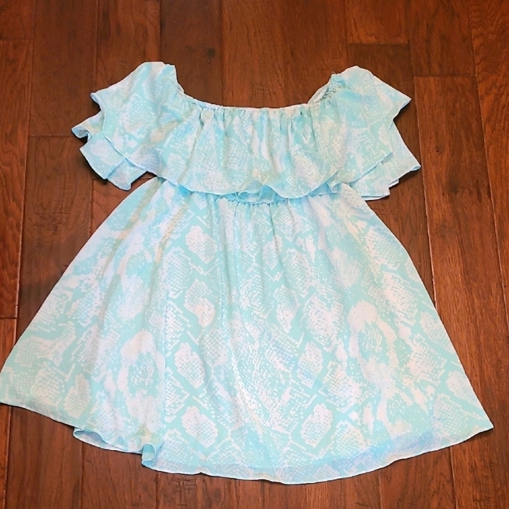 Buddy Love off-shoulder dress in light blue with a ruffled neckline size Large